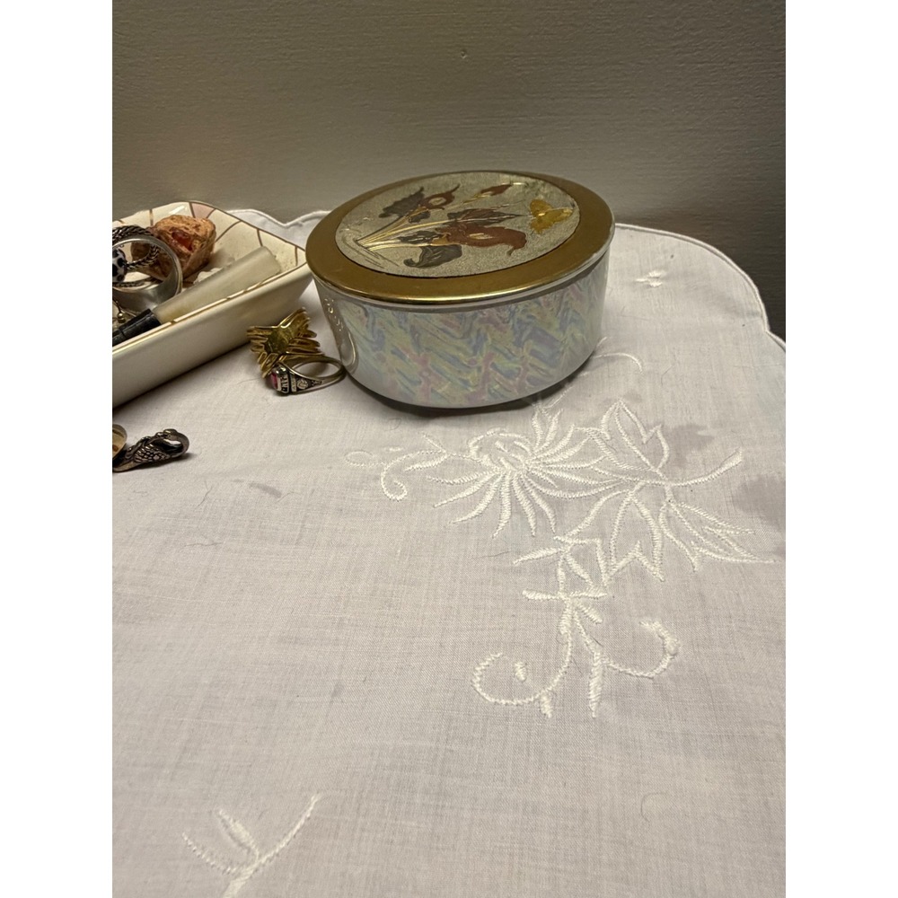 Vintage Chokin Art Ceramic Trinket Box Calla Lily Butterfly Luster Glaze Round - Picture 9 of 12